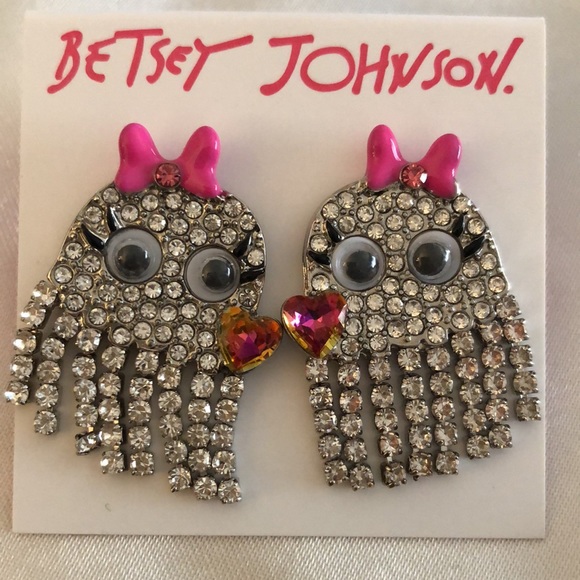 Betsey Johnson Silver Tone Rich Witch Ghost Girl Fringe Drop Earrings NWT - Picture 5 of 12